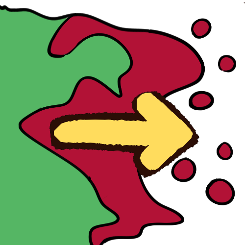 the edge of a landmass, with red dots outside of it. the landmass is green in the centre but red at the edges, and a big yellow arrow shows that the red is moving back out away from the green areas.